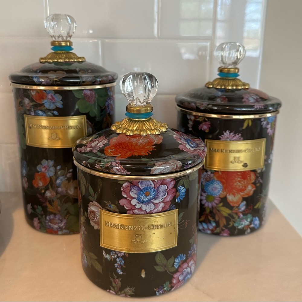 Mackenzie Childs Flower Market set of three canisters - small, medium and large